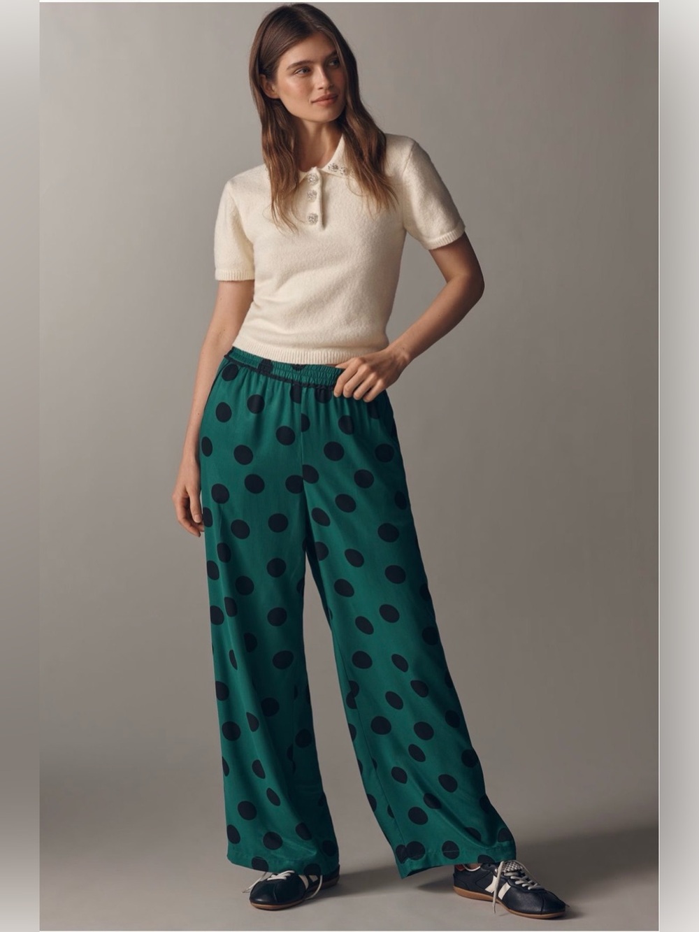 Anthropologie Maeve Tall Brooklin Printed Wide-Leg Pull-On Pants Polka Dot